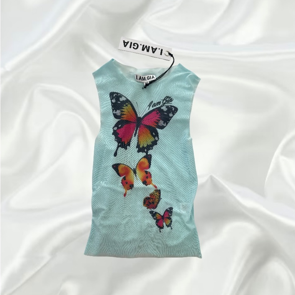 I.AM.GIA Aqua Butterfly Graphic Mesh Top